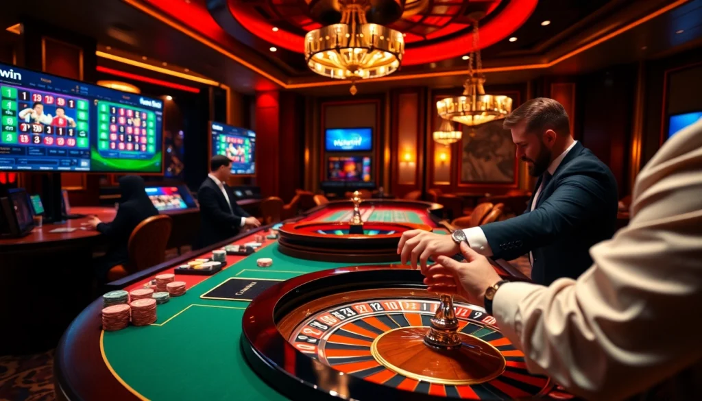 Kuwin players enjoying an exciting casino game experience with vibrant lights and colorful chips.