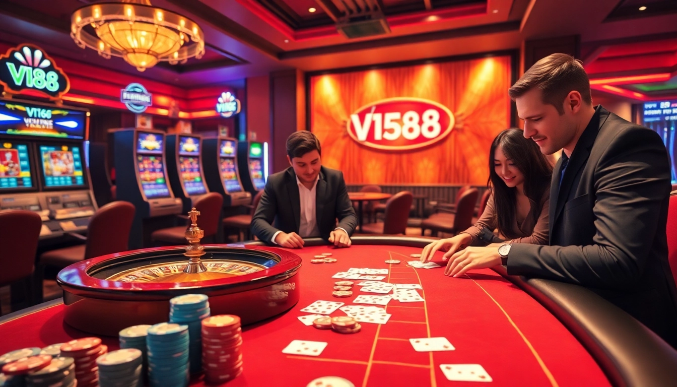 Experience the thrill of vn168 đăng nhập with captivating casino elements featuring poker chips and roulette.