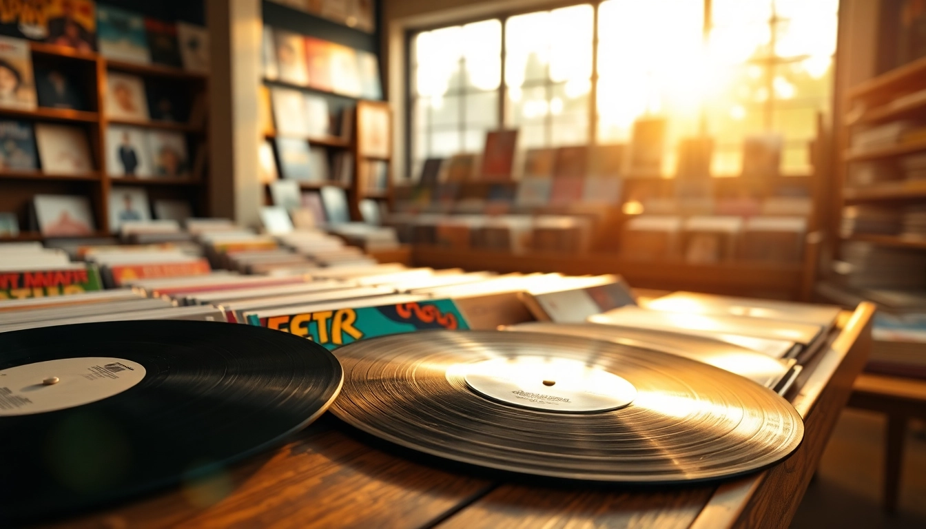Showcasing vintage lp records on a wooden table, perfect ambiance for music lovers.