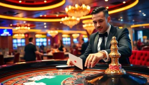 Experience the thrill of jun88 bet with vibrant poker chips and an elegant casino dealer.