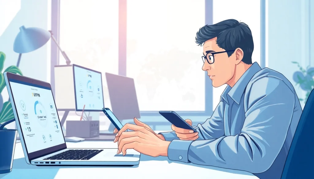 快连VPN app displayed on various devices in a modern workspace, emphasizing user-friendly interface and secure connectivity.