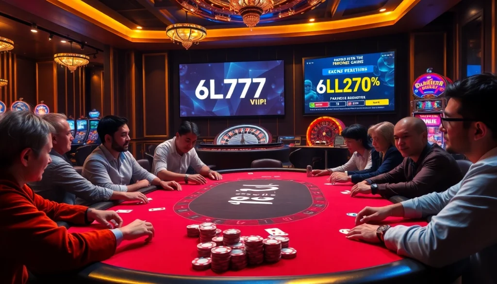 Engaging gamblers at a poker table showcasing 6L777.VIP promotions amidst a vibrant casino.