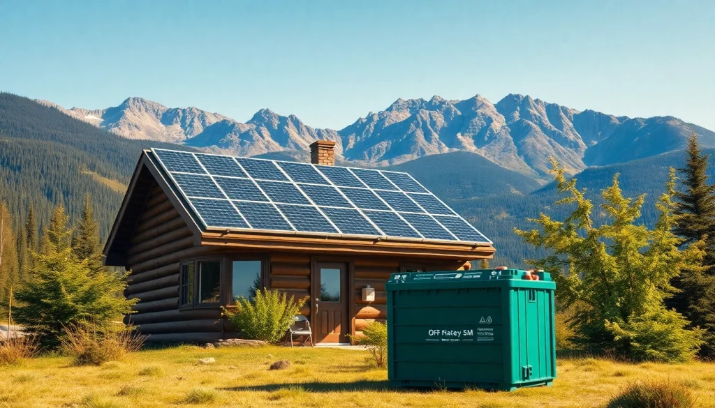 Off grid solar system in a tranquil cabin setting, featuring solar panels and a lithium battery.