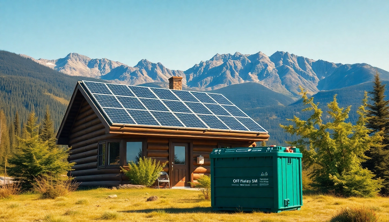 Off grid solar system in a tranquil cabin setting, featuring solar panels and a lithium battery.