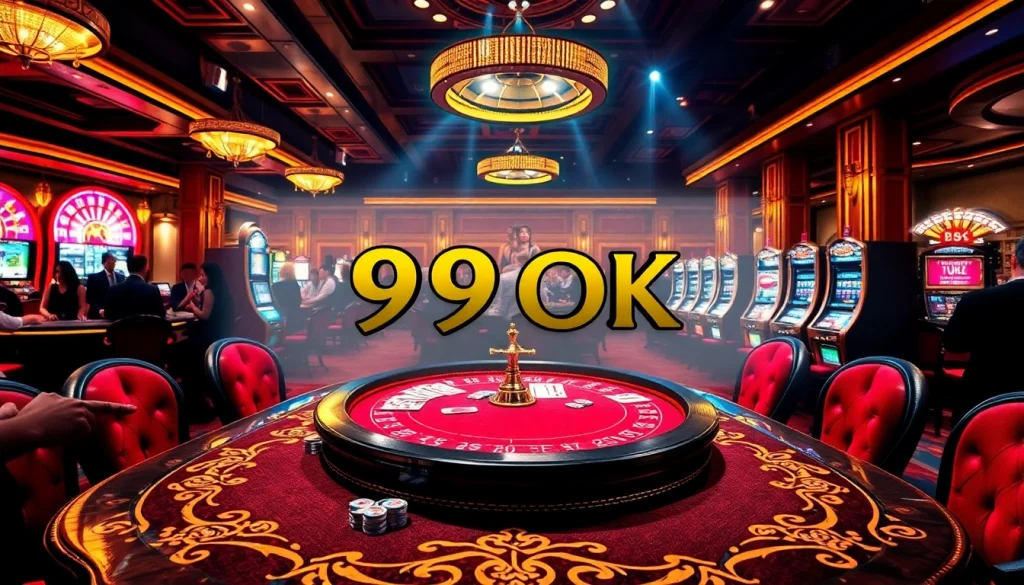 Thrilling casino experience showcasing 99OK with poker chips and roulette.