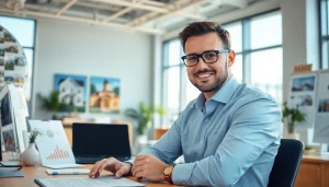 Real Estate agent collaborating in a bright office environment with property listings.