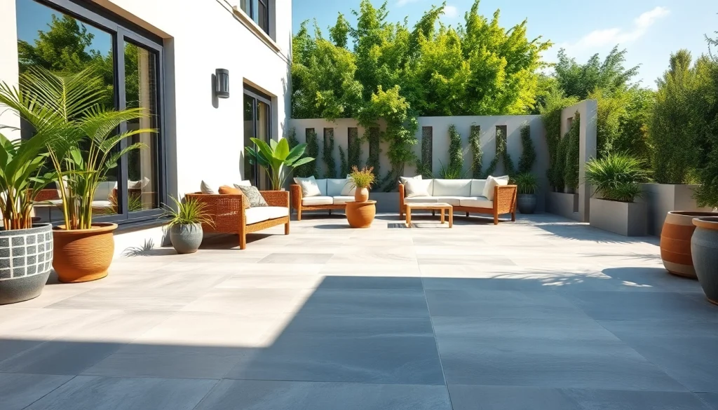 Terrasse moderne mettant en valeur un carrelage extérieur élégant, entouré de verdure.
