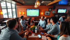 Engaging scene of sports betting in Alabama with friends excitedly discussing bets.