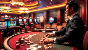 Experience excitement at taigo88 with a vibrant casino scene featuring poker tables and slot machines.