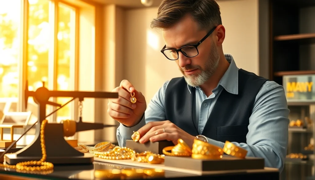 Goldankauf Hannover bei einem erfahrenen Juwelier mit glänzendem Goldschmuck im Vordergrund.