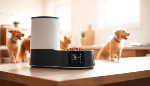 WOPET automatic pet feeder elegantly displayed in a modern kitchen setup with pets.