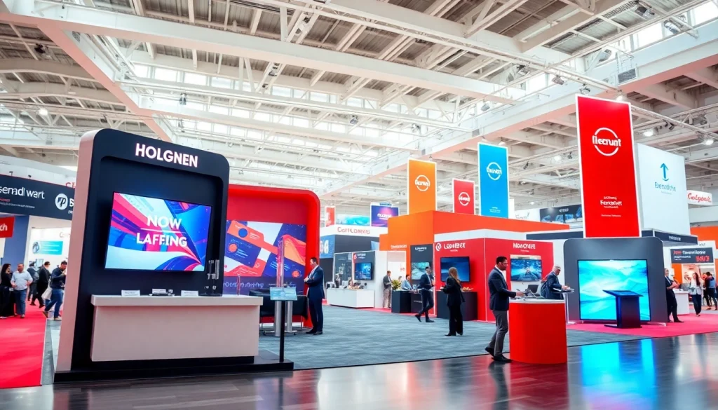 Attractive trade show booth displaying innovative designs and graphics at a vibrant event.