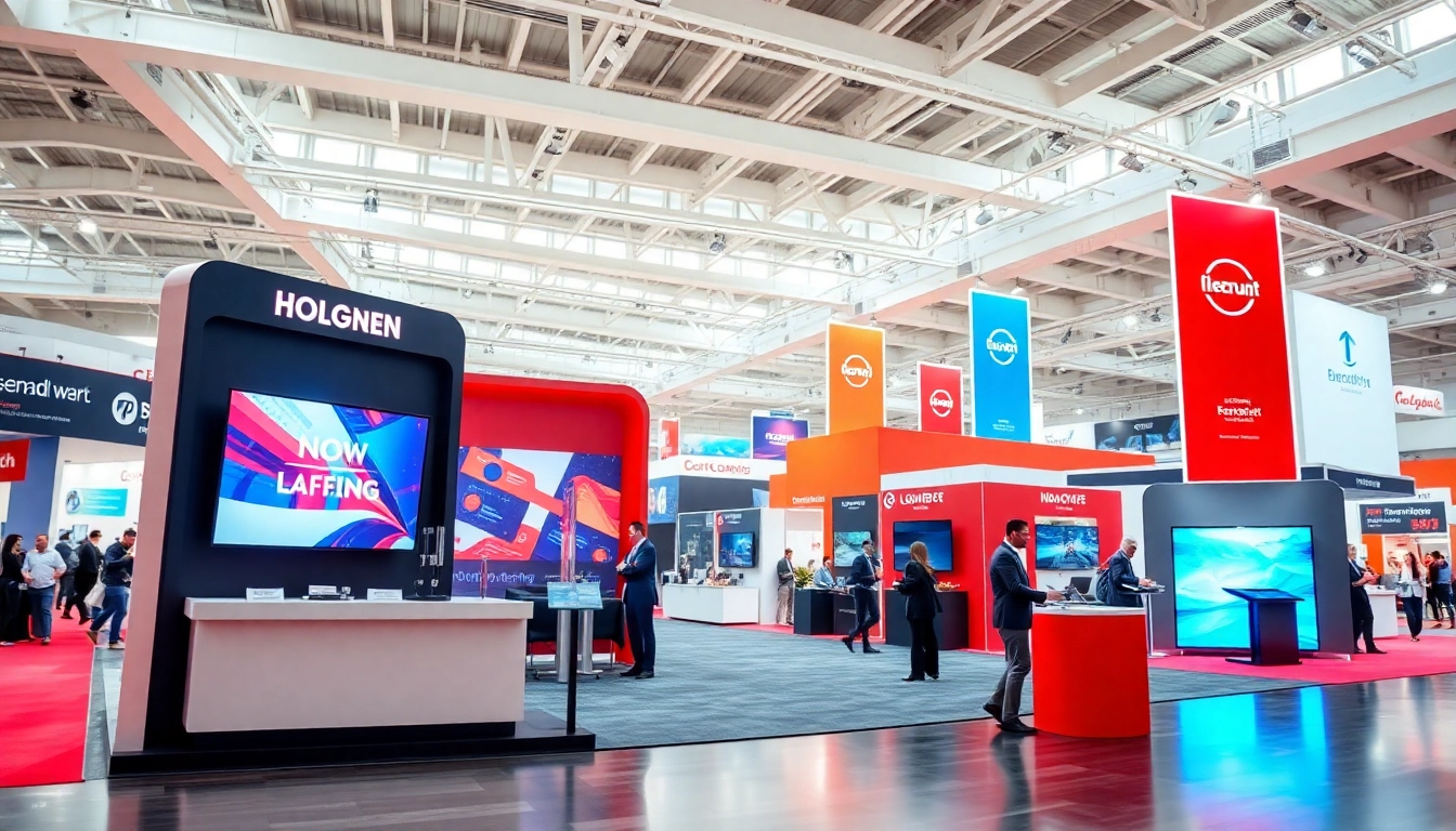 Attractive trade show booth displaying innovative designs and graphics at a vibrant event.