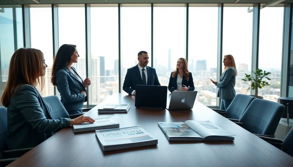 Engaging real estate environment with agents assisting clients in finding properties.