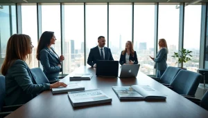 Engaging real estate environment with agents assisting clients in finding properties.