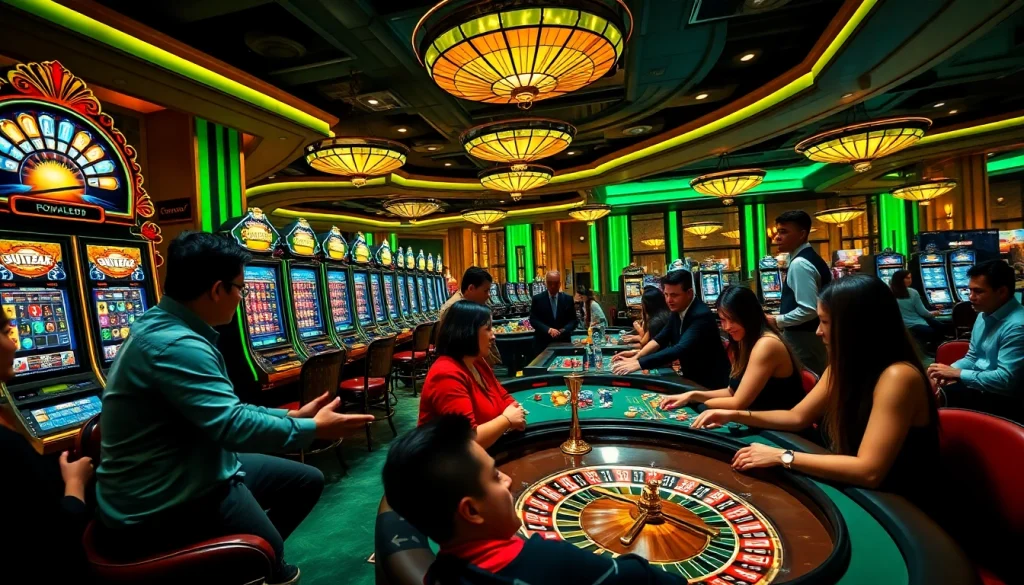 Experience the excitement at vuabai9 casino with players around gaming tables and slot machines.