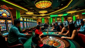 Experience the excitement at vuabai9 casino with players around gaming tables and slot machines.