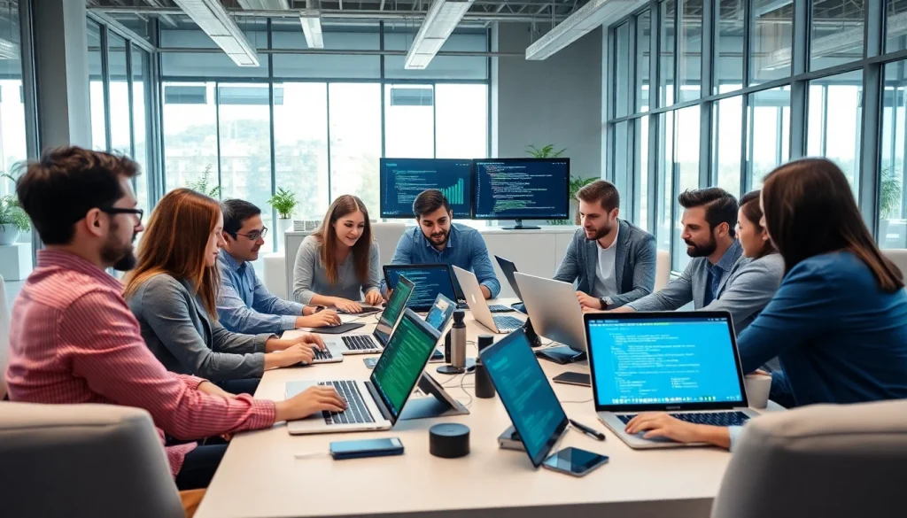 Hire .Net cloud developers collaborating in a bright office environment focused on innovative software solutions.