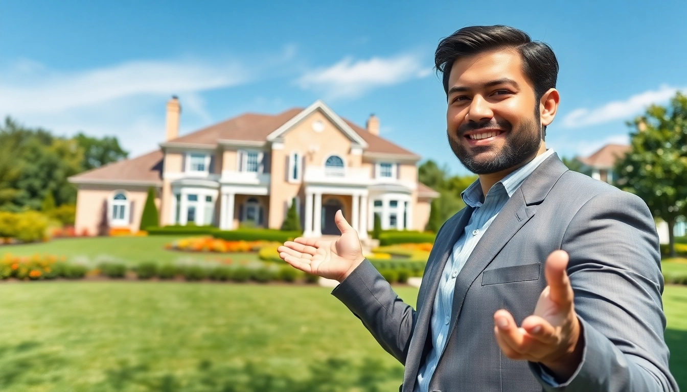 Real Estate agent showcasing a beautiful home with inviting architecture and landscaped yard.