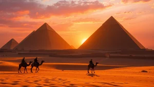 Experience the breathtaking Pyramids of Giza at sunset with vibrant hues via https://emegypt.net