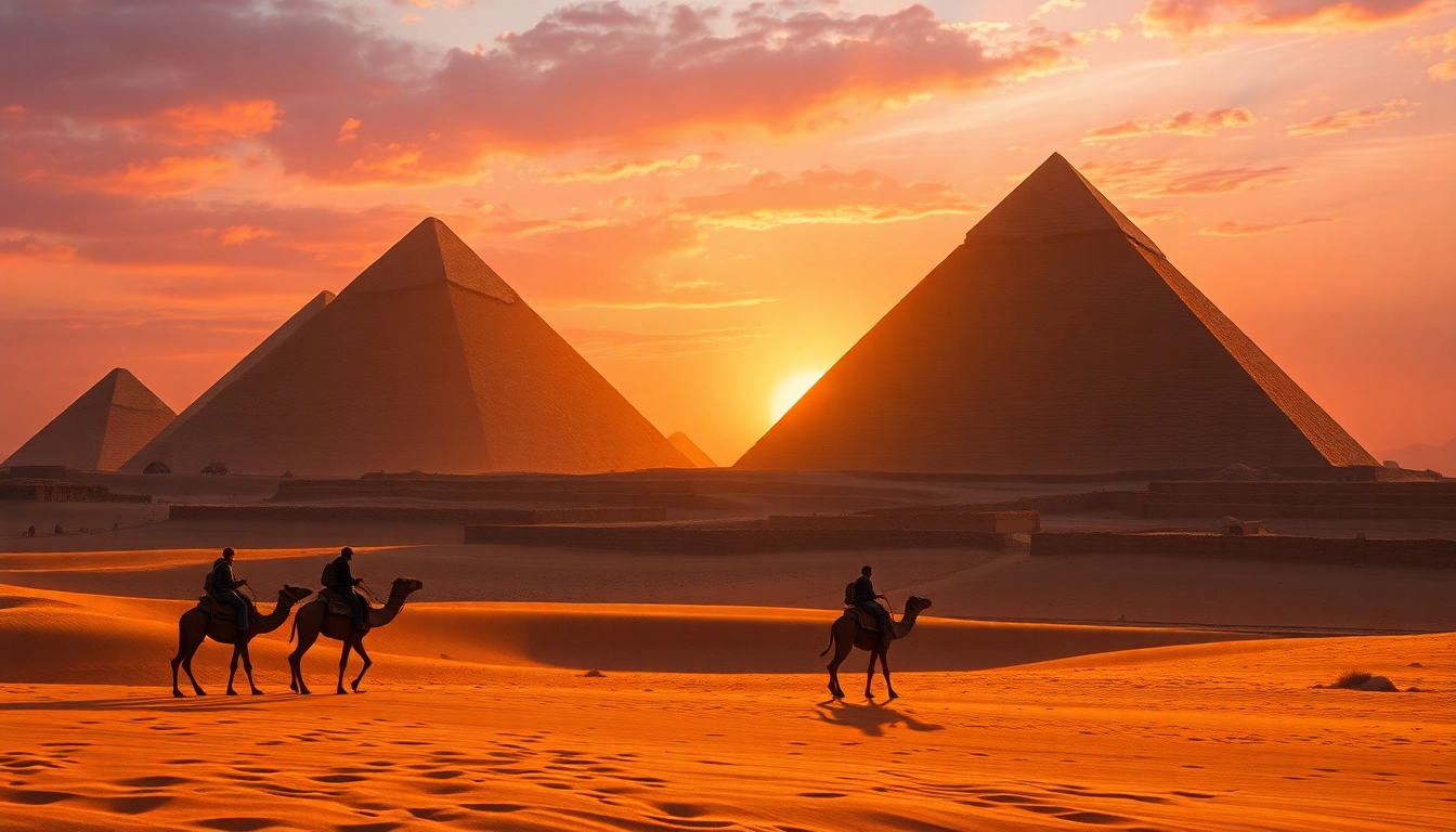 Experience the breathtaking Pyramids of Giza at sunset with vibrant hues via https://emegypt.net