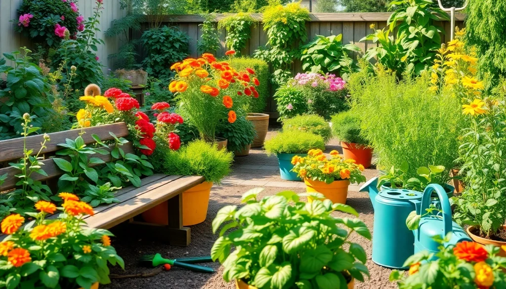 Gardening scene showcasing vibrant flowers and vegetables in a cozy backyard setting.