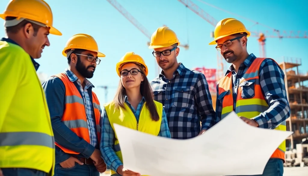 Construction association south carolina teamwork on a building site with diverse professionals discussing plans.