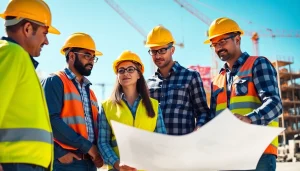 Construction association south carolina teamwork on a building site with diverse professionals discussing plans.