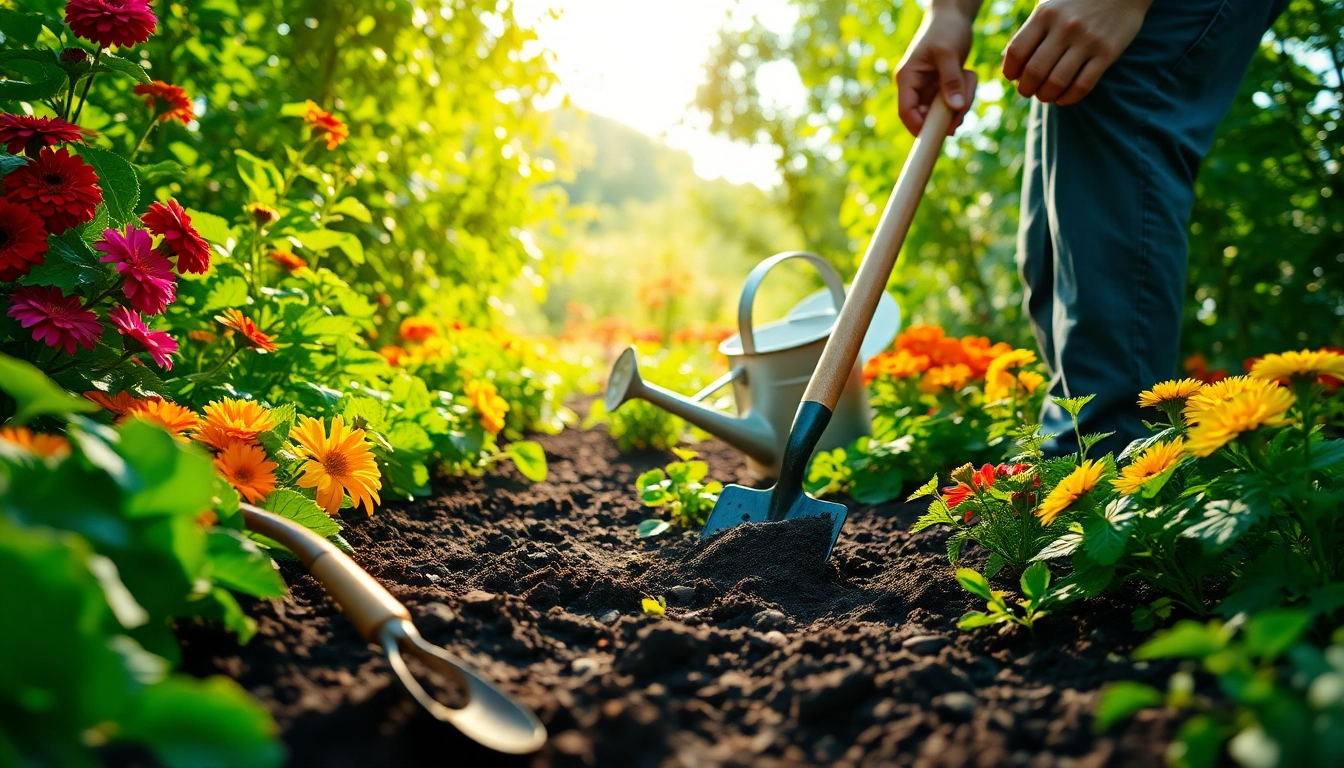 Gardening expert nurturing vibrant plants and flowers in a bright, lush garden.