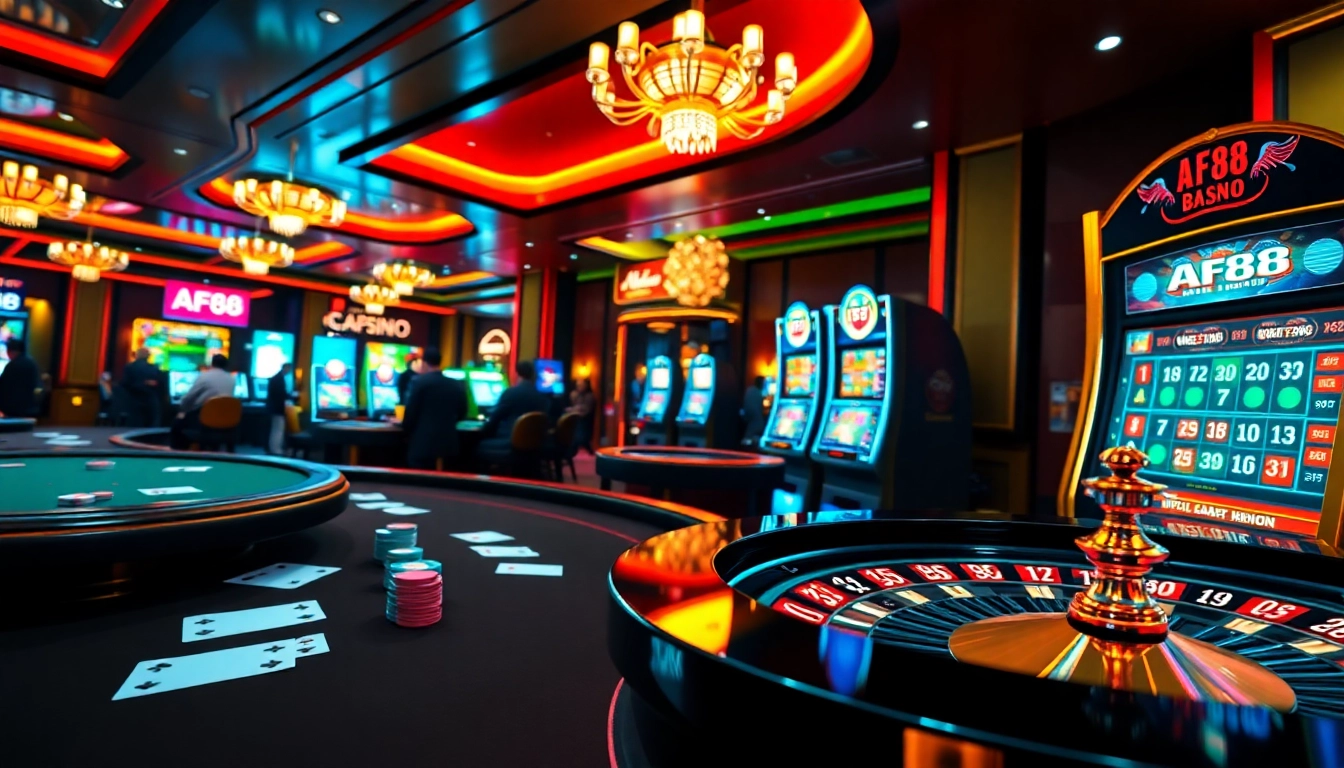AF88 online gambling interface with poker, roulette, and slot machines in a vibrant casino atmosphere