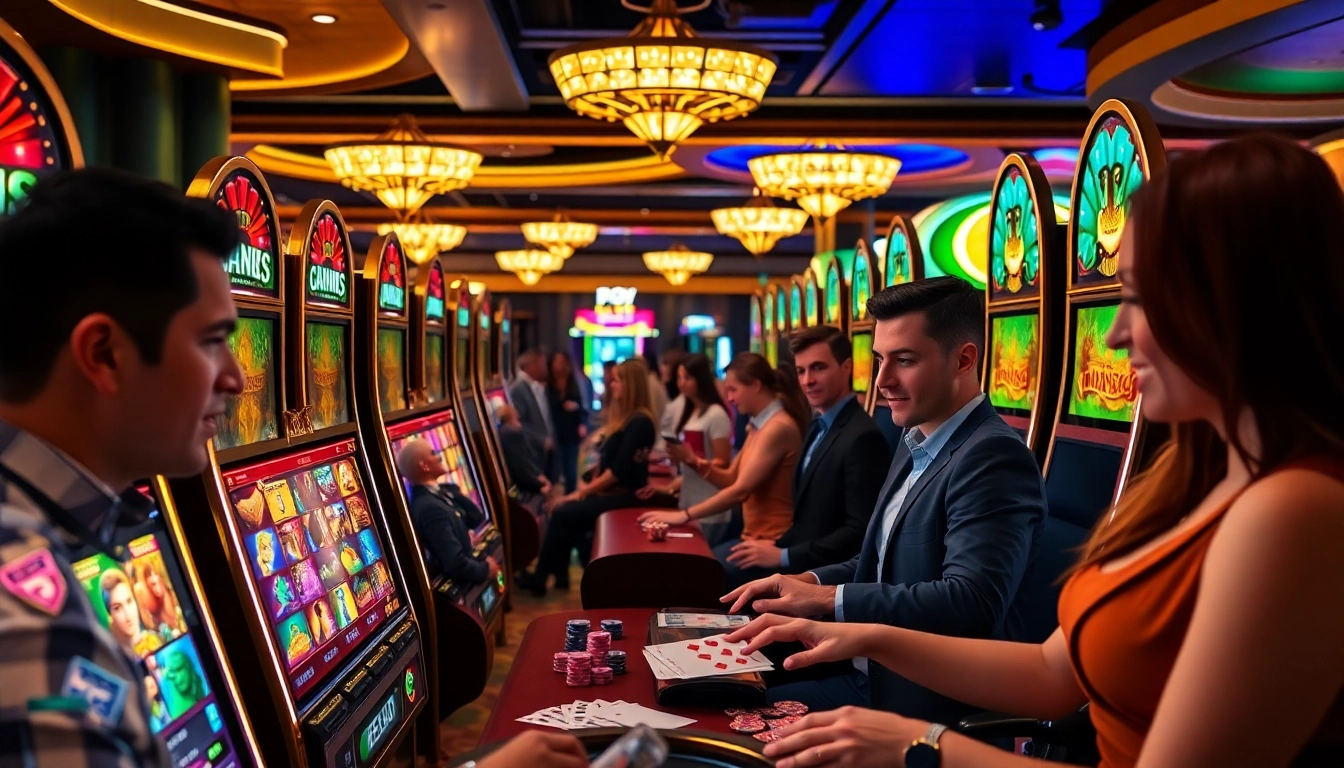 Players enjoying a thrilling slot bet 100 experience at an upscale casino, surrounded by vibrant slot machines.