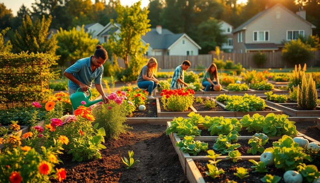 Engaging community scene highlighting Gardening with diverse people planting and watering flowers.