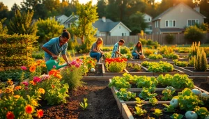 Engaging community scene highlighting Gardening with diverse people planting and watering flowers.
