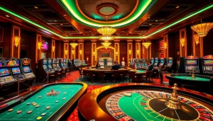 Experience the excitement of gambling at https://gg88.pizza/ in a vibrant casino scene filled with gaming tables and players.