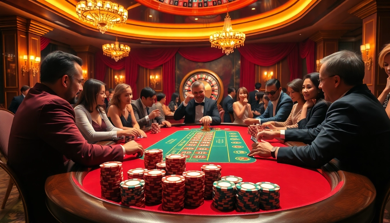 Exciting poker table scene showcasing players engaging in high-stakes gambling, addressing qq88 lừa đảo không ? through a luxurious atmosphere.