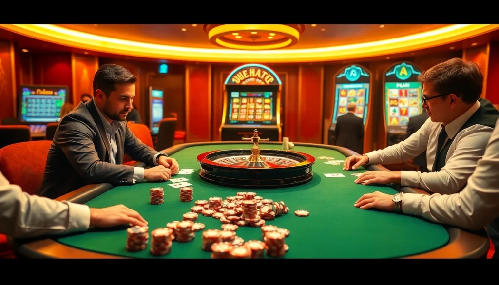 Players at a Texas Hold'em table enjoying a thrilling game experience at https://5gbett.com.br, showcasing high stakes and luxury.