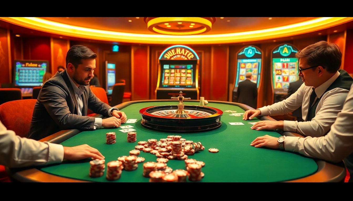Players at a Texas Hold'em table enjoying a thrilling game experience at https://5gbett.com.br, showcasing high stakes and luxury.