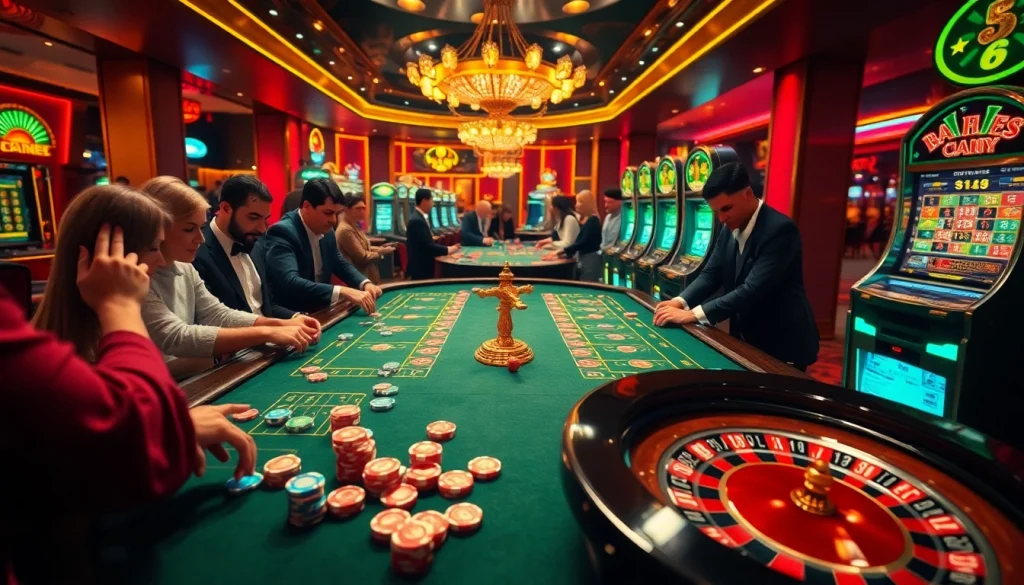Excited players enjoy Go8 table games surrounded by colorful poker chips and roulette wheels.