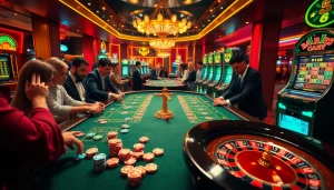 Excited players enjoy Go8 table games surrounded by colorful poker chips and roulette wheels.