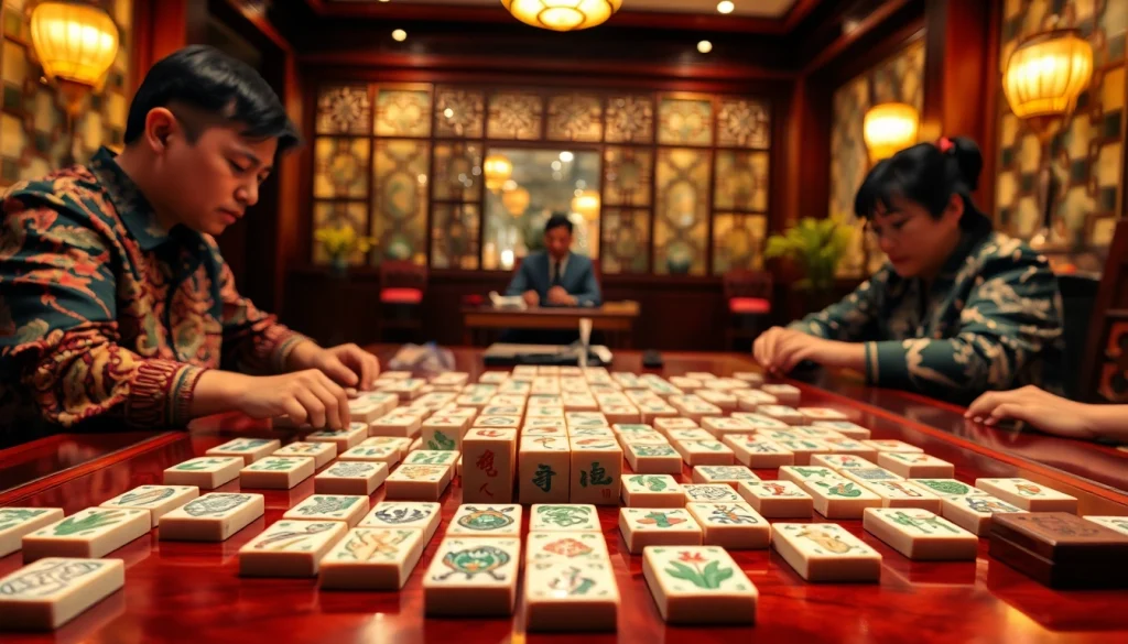 Bermain mahjong dengan keragaman ubin dan suasana hangat di ruang permainan.