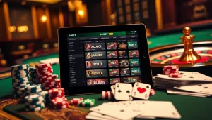 Experience the excitement of the 54BET App interface amidst casino chips and gaming elements.