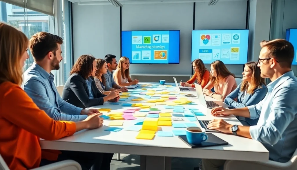 Agency professionals collaborating in a modern office, showcasing teamwork and innovation.