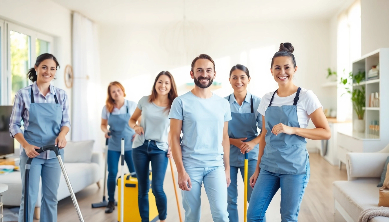 Cleaning service professionals actively tidying a bright home, showcasing reliability and efficiency.
