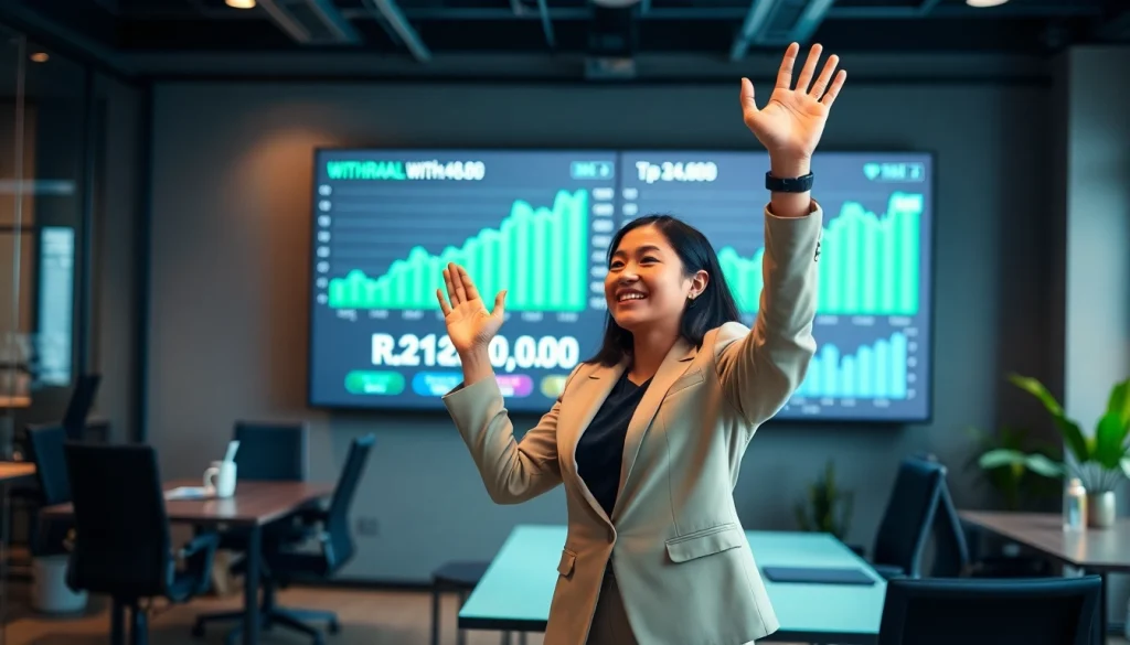 Celebration of financial success at BOX138 with a professional setting.