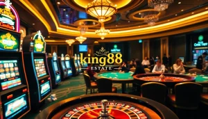 Exciting gaming floor at king88 estate showcasing thrilling slot machines and casino tables