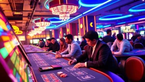 Menampilkan toto togel sebagai pusat perhatian dalam suasana kasino yang ramai dan bersemangat.