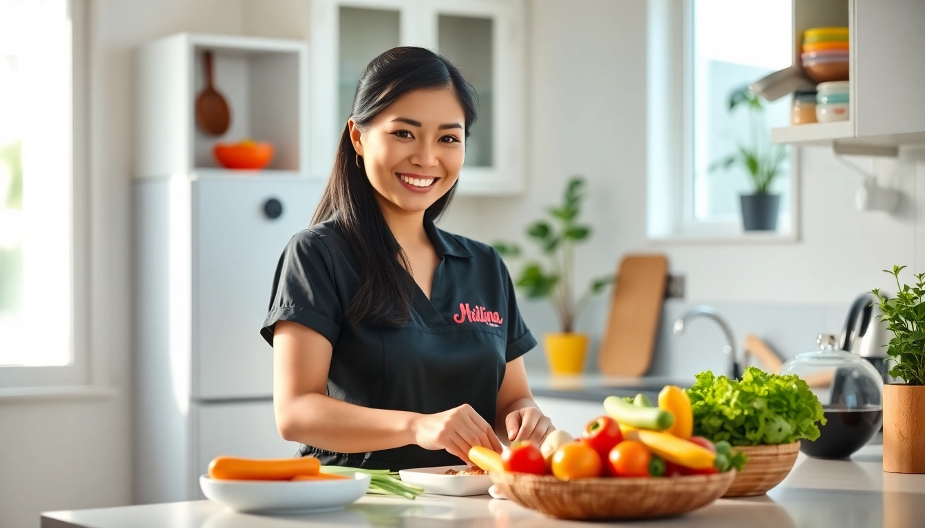 Filipino maid effectively organizing a modern kitchen with a cheerful demeanor.