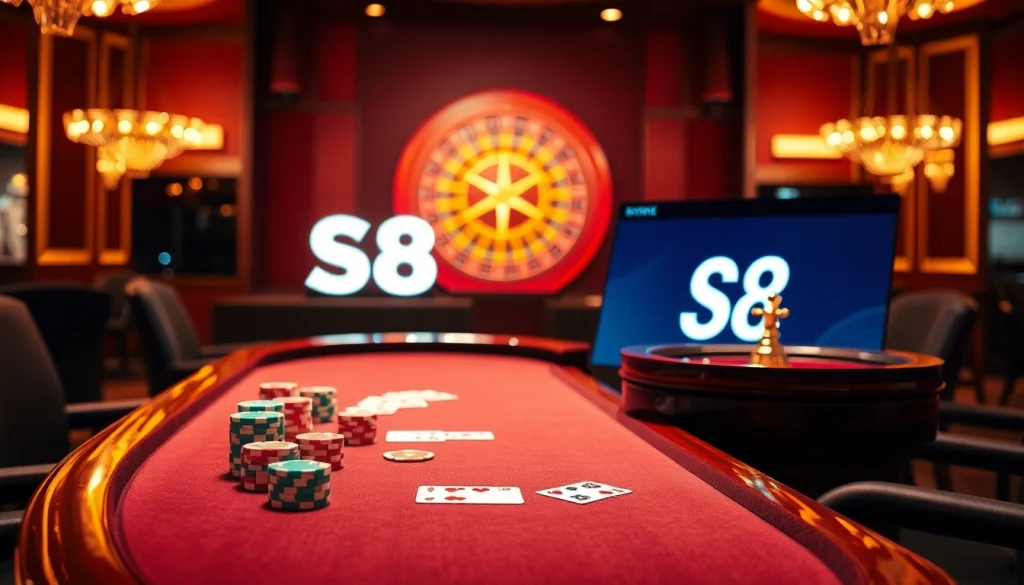 Experience S8 gaming excitement at a luxurious casino table with vibrant chips and cards.