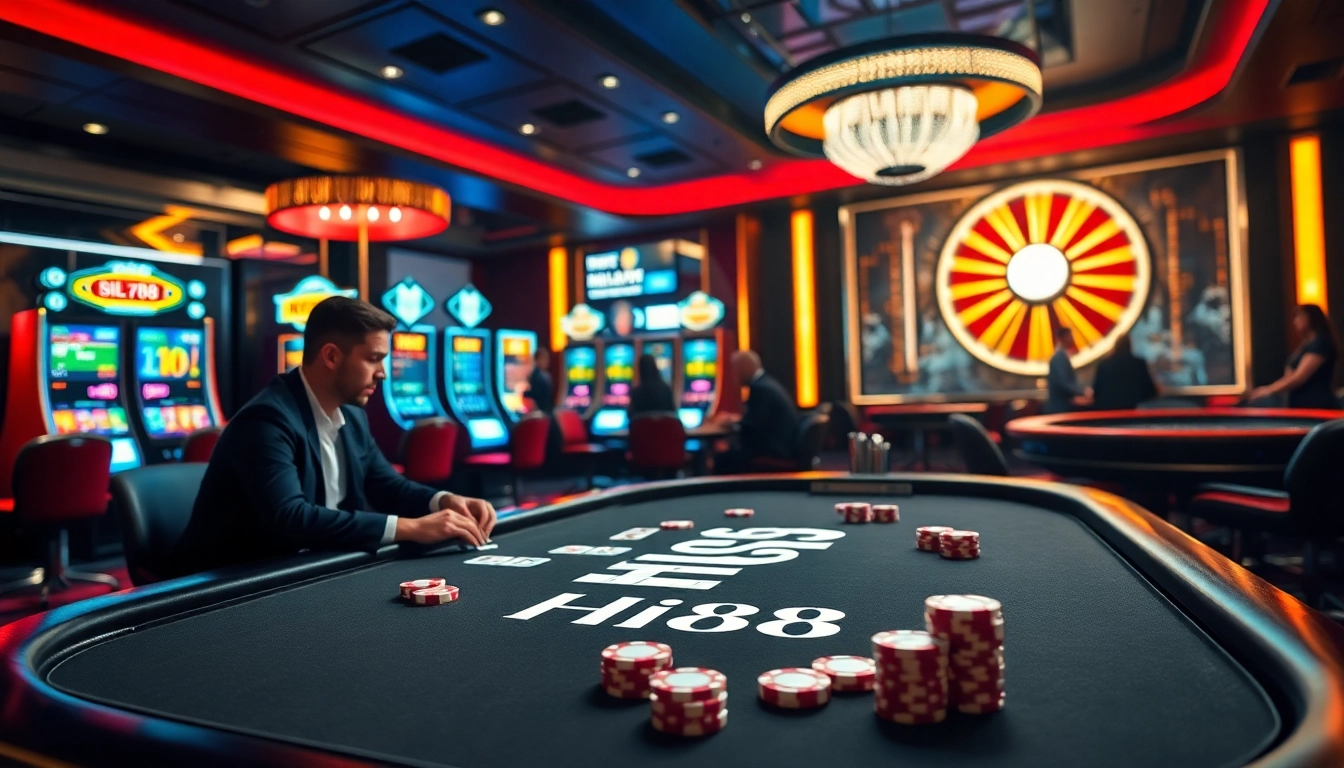 Action-packed gameplay at Hi88 casino, showcasing players at a poker table with vibrant slot machines in the background.