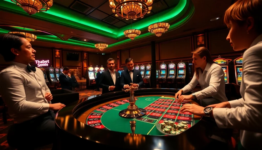 Players enjoying a thrilling game at thabet's luxury casino, spotlighting excitement and upscale betting action.